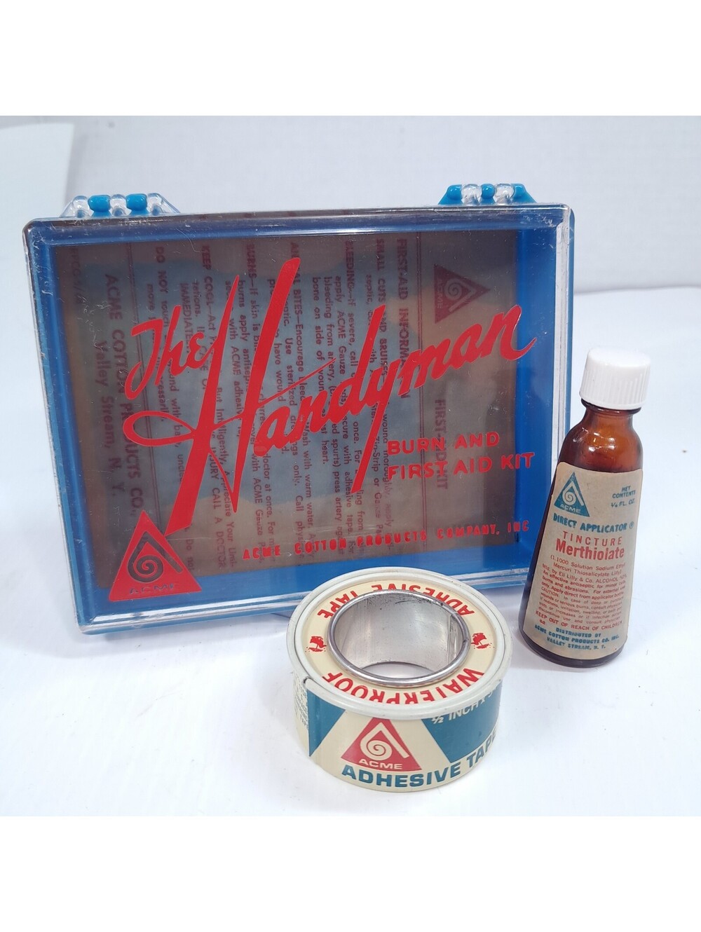 Vintage ACME Handyman First Aid kit Tincture Merthiolate tape Pharmacy Medicinal